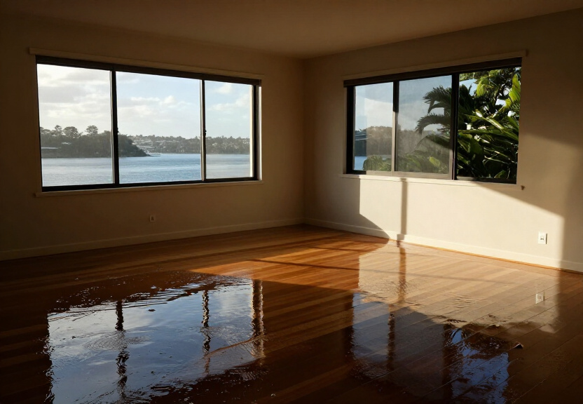 Flood-damaged living room in Cecil Park before restoration